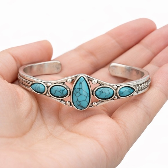 Teardrop Turquoise Bracelet Silver Open Adjustable Western Style Cuff 
C3 - Picture 3 of 10
